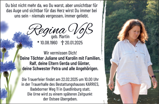 Traueranzeige von Regina Voß von Trauerkombi Quedlinburg