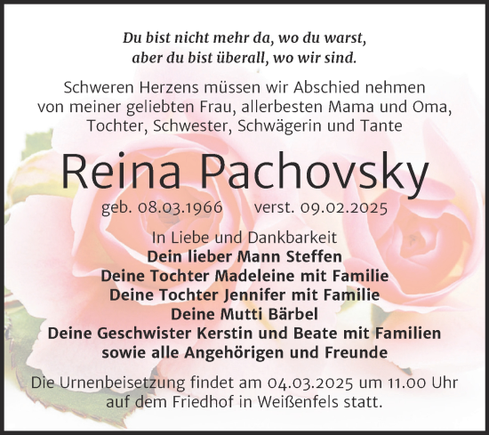 Traueranzeige von Reina Pachovsky von Trauerkombi Weißenfels