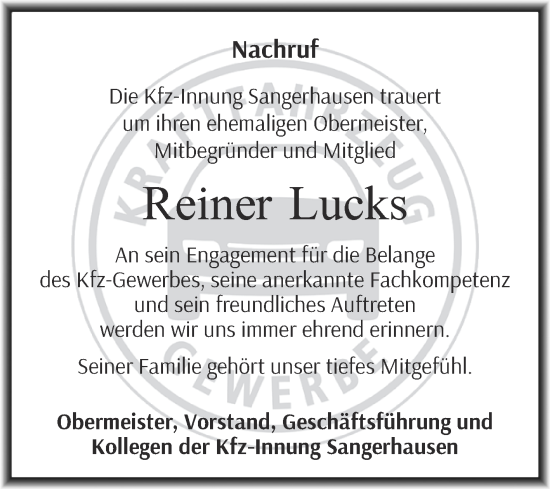 Traueranzeige von Reiner Lucks von Mitteldeutsche Zeitung Sangerhausen