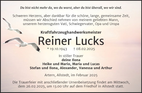 Traueranzeige von Reiner Lucks von Trauerkombi Sangerhausen