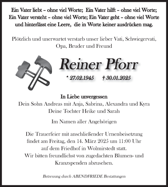 Traueranzeige von Reiner Pforr von Volksstimme Haldensleben/Wolmirstedt