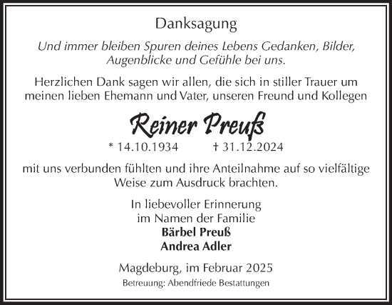 Traueranzeige von Reiner Preuß von Volksstimme Magdeburg
