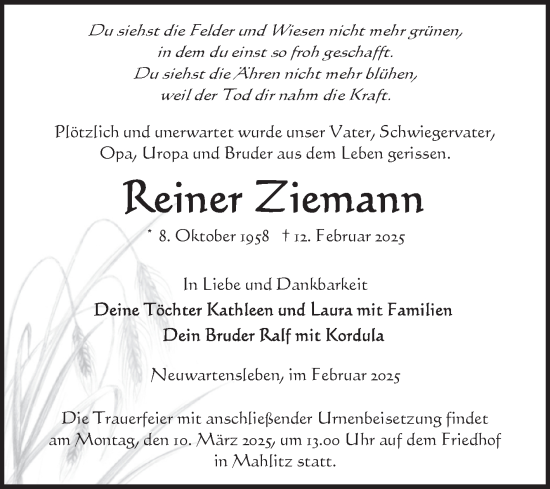 Traueranzeige von Reiner Ziemann von Volksstimme Altmark Ost