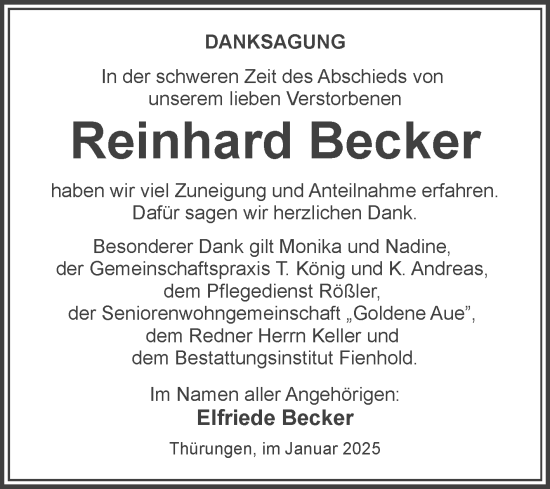 Traueranzeige von Reinhard Becker von Trauerkombi Sangerhausen