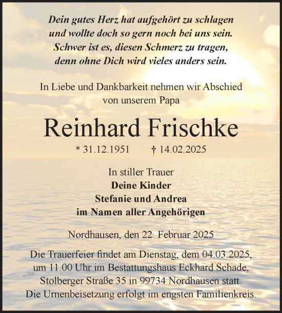 Traueranzeige von Reinhard Frischke von Mitteldeutsche Zeitung Sangerhausen