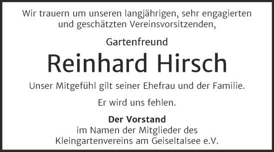 Traueranzeige von Reinhard Hirsch von Trauerkombi Merseburg