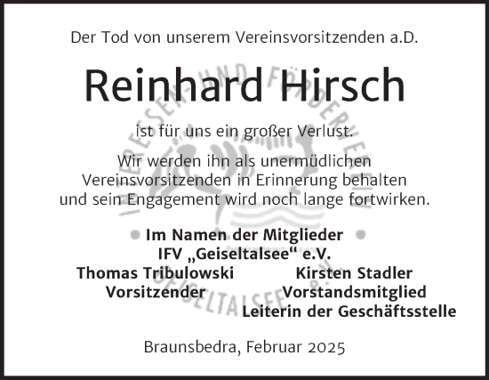 Traueranzeige von Reinhard Hirsch von Trauerkombi Merseburg