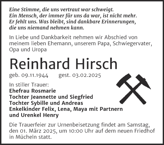 Traueranzeige von Reinhard Hirsch von Trauerkombi Merseburg
