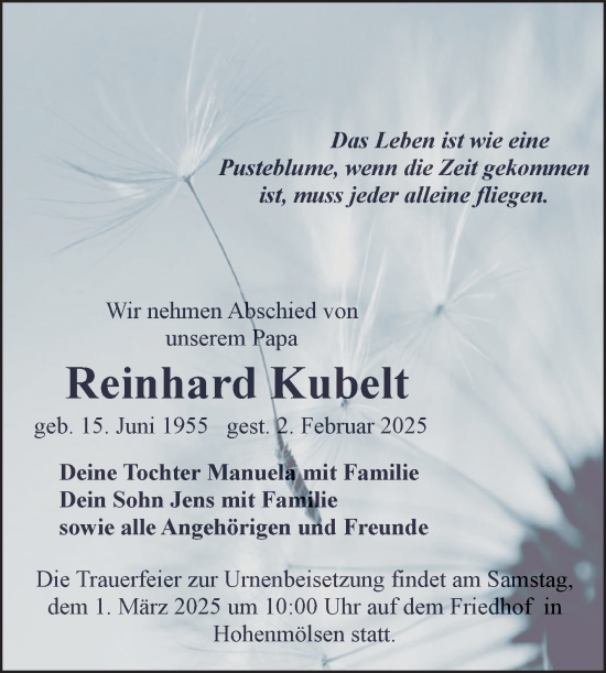 Traueranzeige von Reinhard Kubelt von Trauerkombi Weißenfels