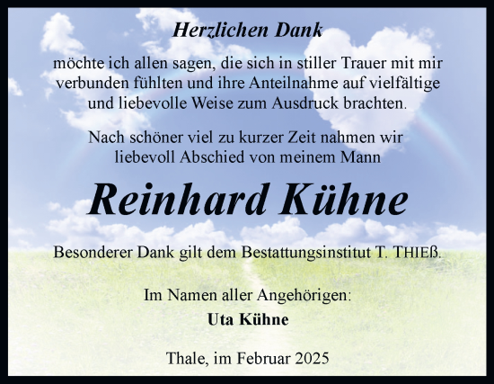 Traueranzeige von Reinhard Kühne von Trauerkombi Quedlinburg