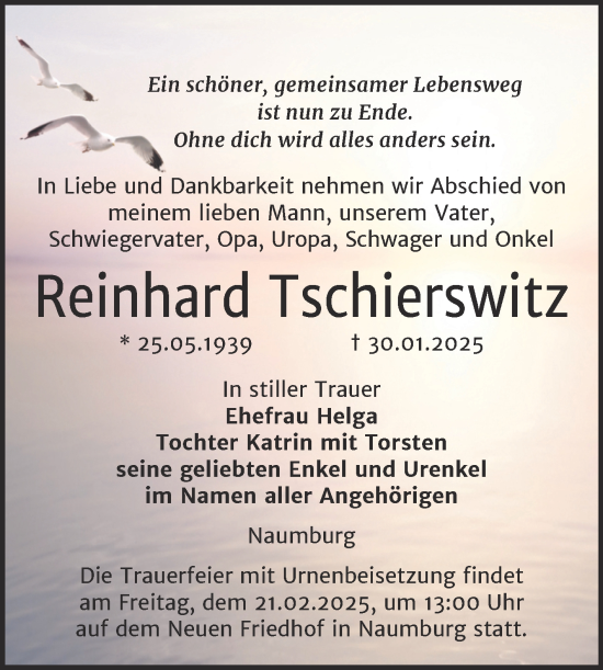 Traueranzeige von Reinhard Tschierswitz von Super Sonntag Naumburg/Nebra