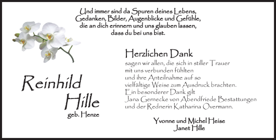Traueranzeige von Reinhild Hille von Volksstimme Haldensleben/Wolmirstedt