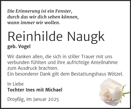 Traueranzeige von Reinhilde Naugk von Trauerkombi Zeitz