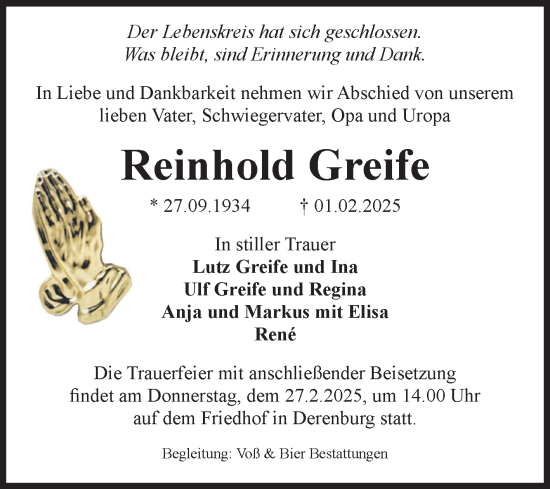 Traueranzeige von Reinhold Greife von Volksstimme Wernigerode