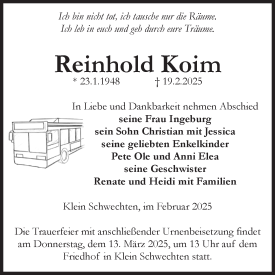 Traueranzeige von Reinhold Koim von Volksstimme Altmark Ost