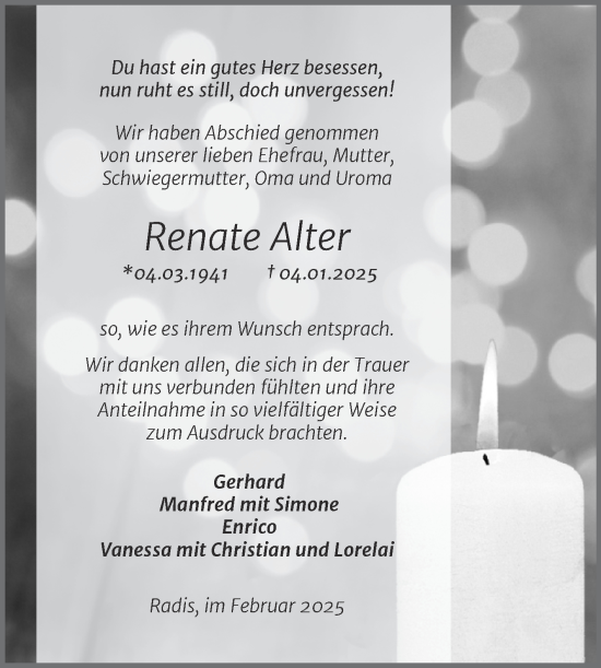 Traueranzeige von Renate Alter von Super Sonntag Wittenberg