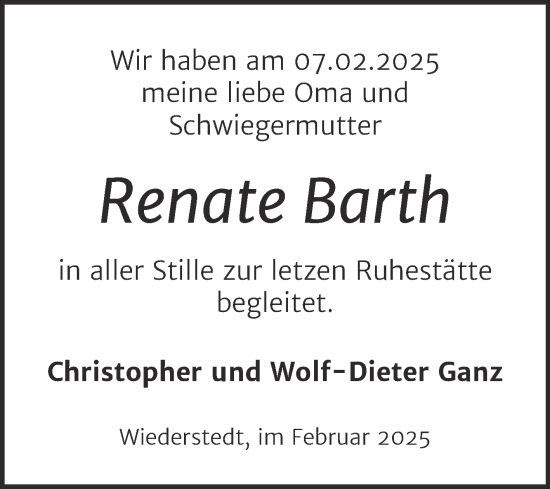 Traueranzeige von Renate Barth von Trauerkombi Mansfelder Land