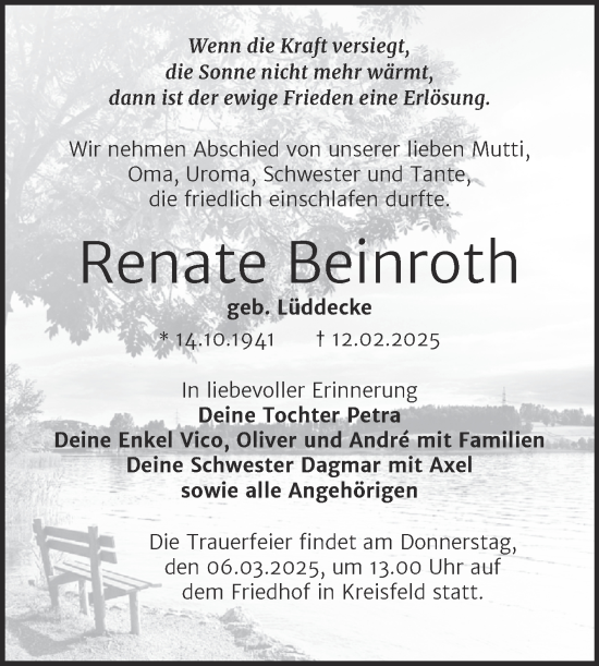 Traueranzeige von Renate Beinroth von Trauerkombi Mansfelder Land