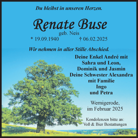 Traueranzeige von Renate Buse von Volksstimme Wernigerode
