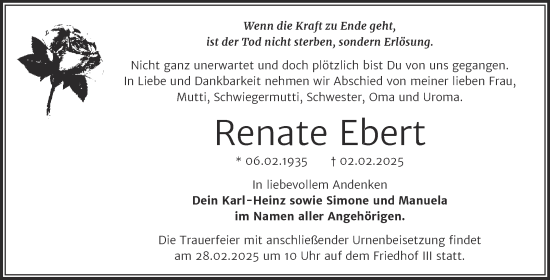 Traueranzeige von Renate Ebert von Trauerkombi Dessau