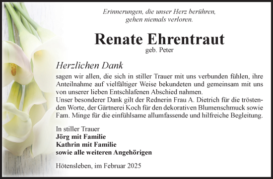 Traueranzeige von Renate Ehrentraut von Volksstimme Oschersleben/Wanzleben