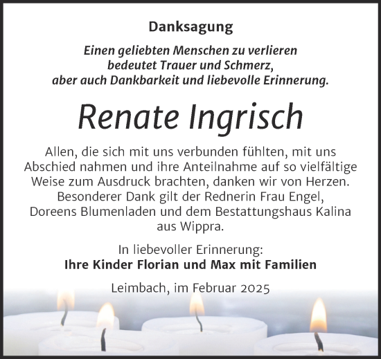 Traueranzeige von Renate Ingrisch von Trauerkombi Mansfelder Land