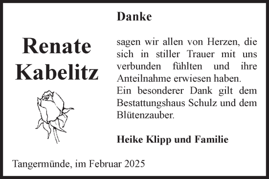 Traueranzeige von Renate Kabelitz von Volksstimme Altmark Ost