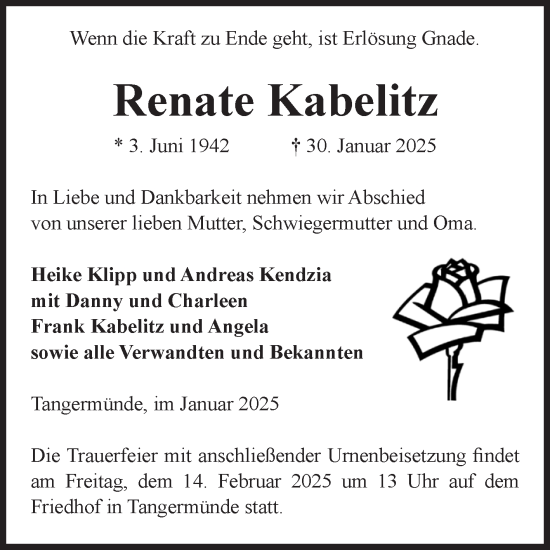 Traueranzeige von Renate Kabelitz von Volksstimme Altmark Ost