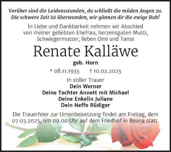 Traueranzeige von Renate Kalläwe von Trauerkombi Merseburg