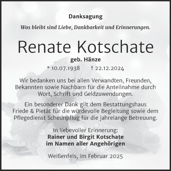 Traueranzeige von Renate Kotschate von Trauerkombi Weißenfels