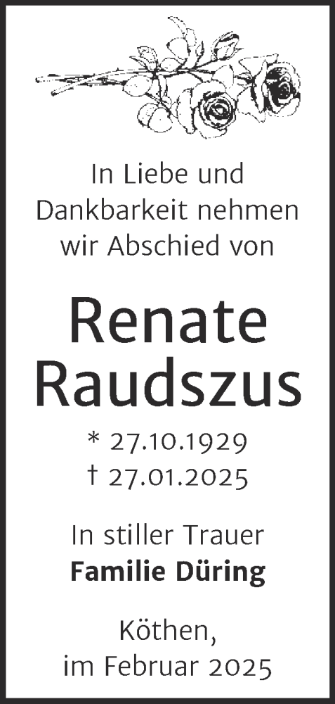 Traueranzeige von Renate Raudszus von Trauerkombi Köthen