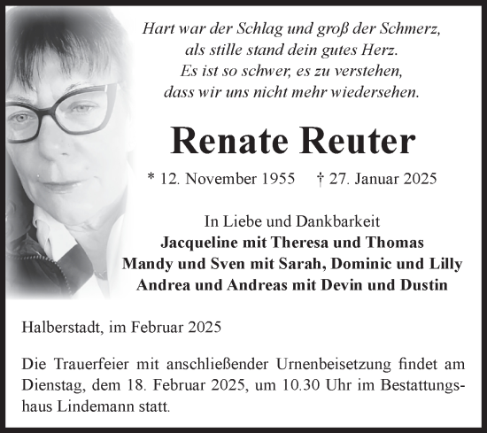 Traueranzeige von Renate Reuter von Volksstimme Halberstadt