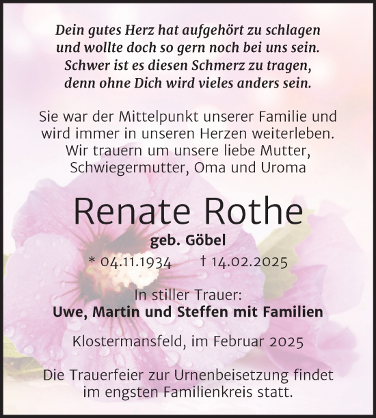 Traueranzeige von Renate Rothe von Trauerkombi Mansfelder Land