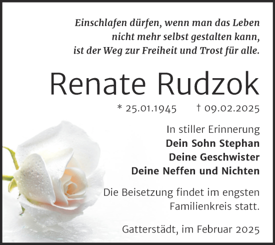 Traueranzeige von Renate Rudzok von Trauerkombi Merseburg