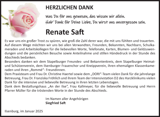 Traueranzeige von Renate Saft von Volksstimme Wernigerode
