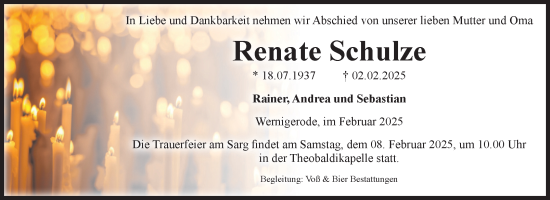 Traueranzeige von Renate Schulze von Volksstimme Wernigerode