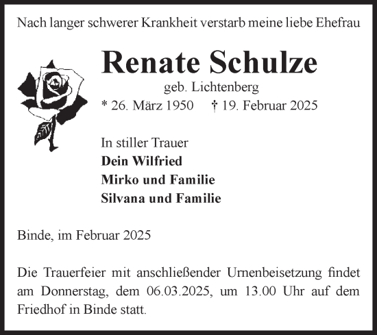 Traueranzeige von Renate Schulze von Volksstimme Altmark West
