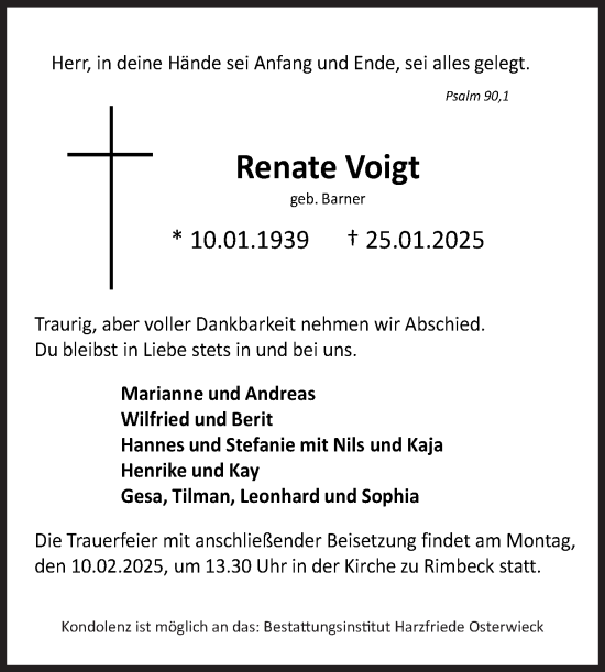 Traueranzeige von Renate Voigt von Volksstimme Halberstadt