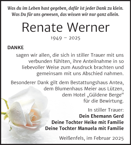 Traueranzeige von Renate Werner von Trauerkombi Weißenfels