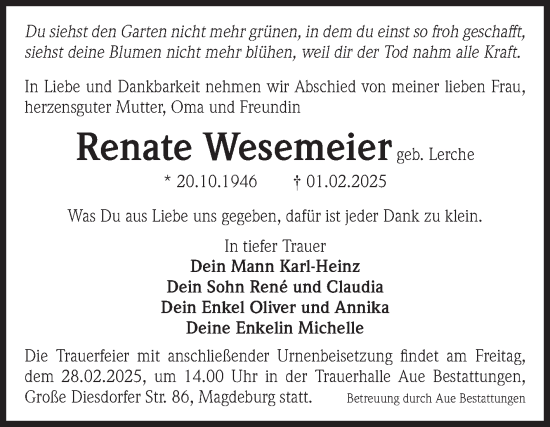 Traueranzeige von Renate Wesemeier von Volksstimme Magdeburg