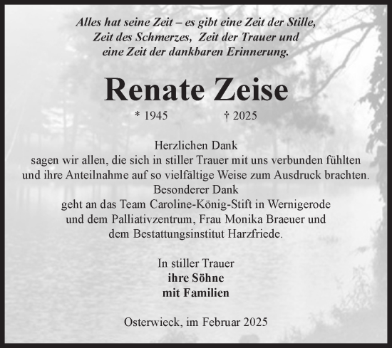 Traueranzeige von Renate Zeise von Volksstimme Halberstadt