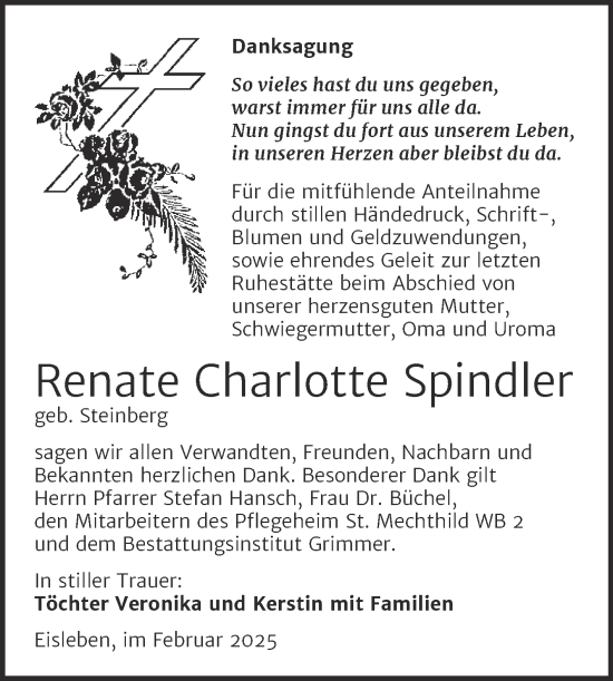 Traueranzeige von Renate Charlotte Spindler von Trauerkombi Mansfelder Land