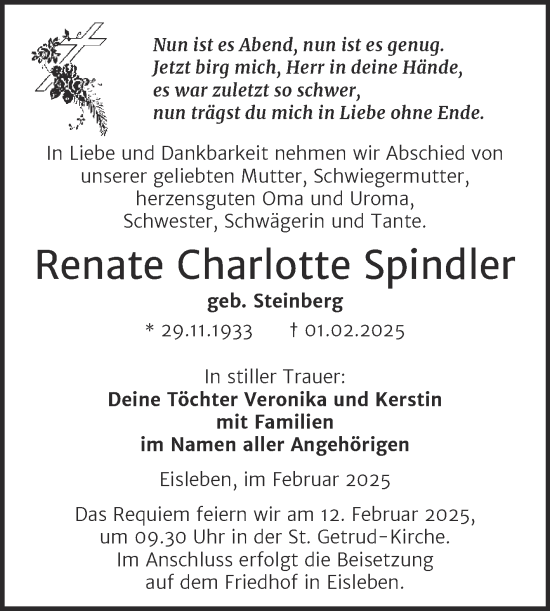 Traueranzeige von Renate Charlotte Spindler von Trauerkombi Mansfelder Land
