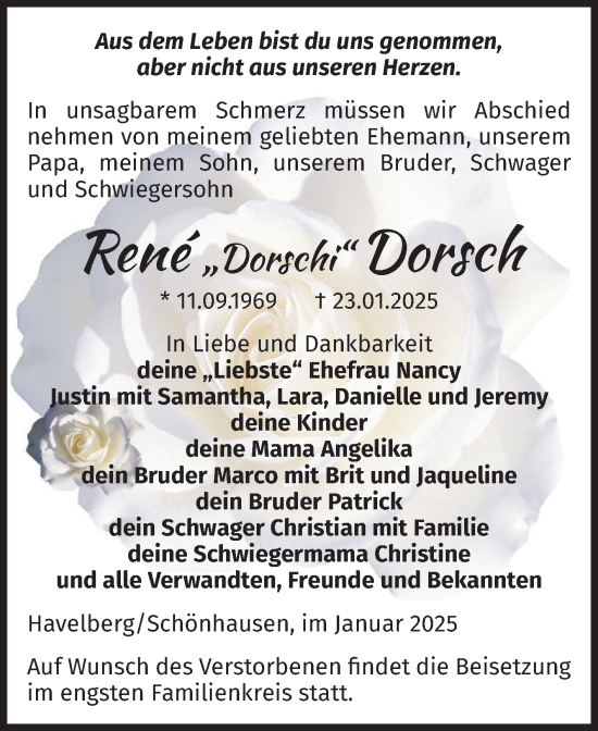 Traueranzeige von Rene Dorsch von Volksstimme Altmark Ost