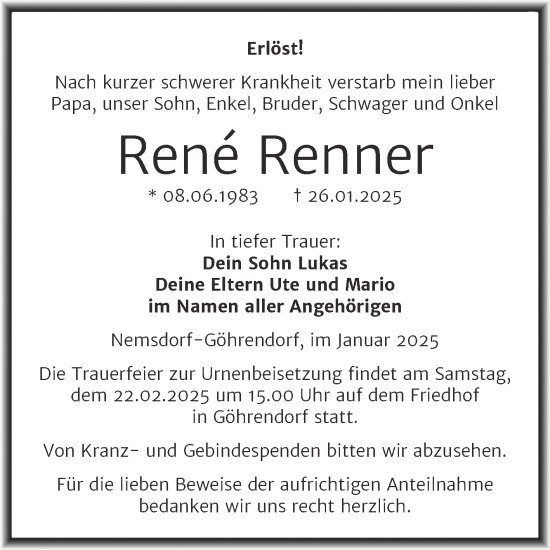 Traueranzeige von Rene Renner von Trauerkombi Merseburg