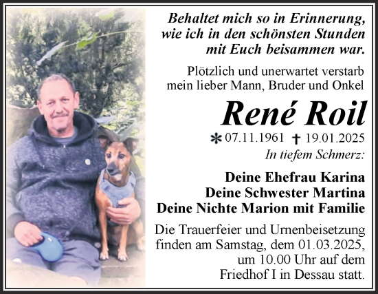 Traueranzeige von Rene Roil von Trauerkombi Dessau