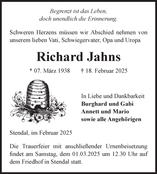Traueranzeige von Richard Jahns von Volksstimme Altmark Ost