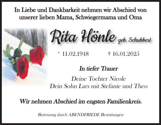 Traueranzeige von Rita Hönle von Volksstimme Haldensleben/Wolmirstedt