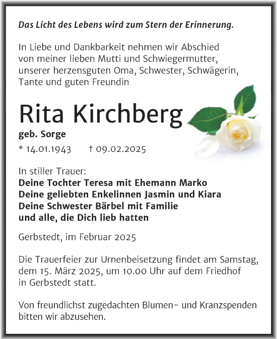 Traueranzeige von Rita Kirchberg von Trauerkombi Mansfelder Land
