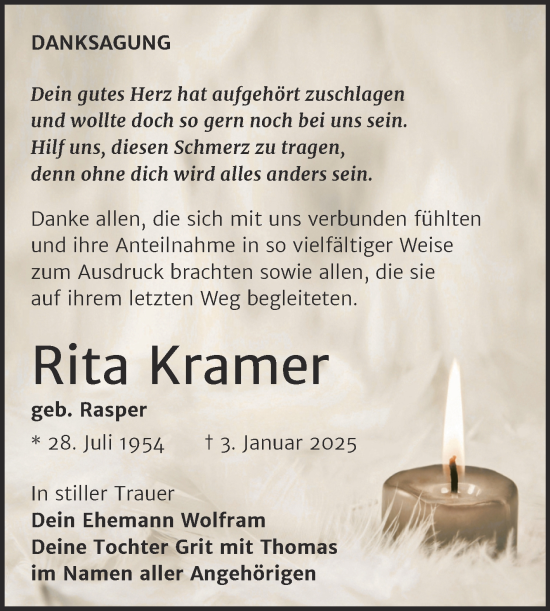 Traueranzeige von Rita Kramer von Trauerkombi Weißenfels